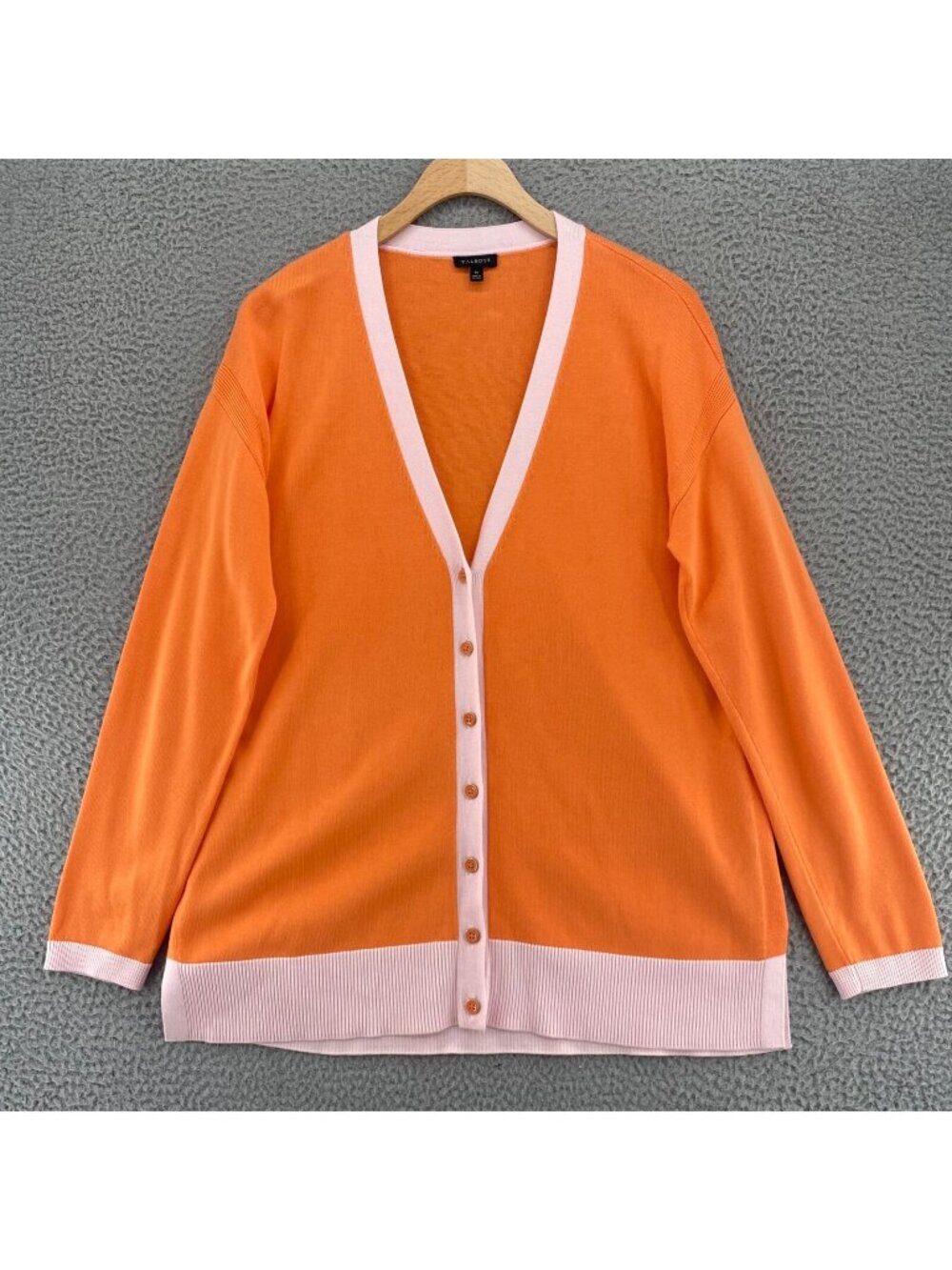 Talbots Sweater Women Medium Orange Contrast Trim Cardigan Button V Neck Stretch